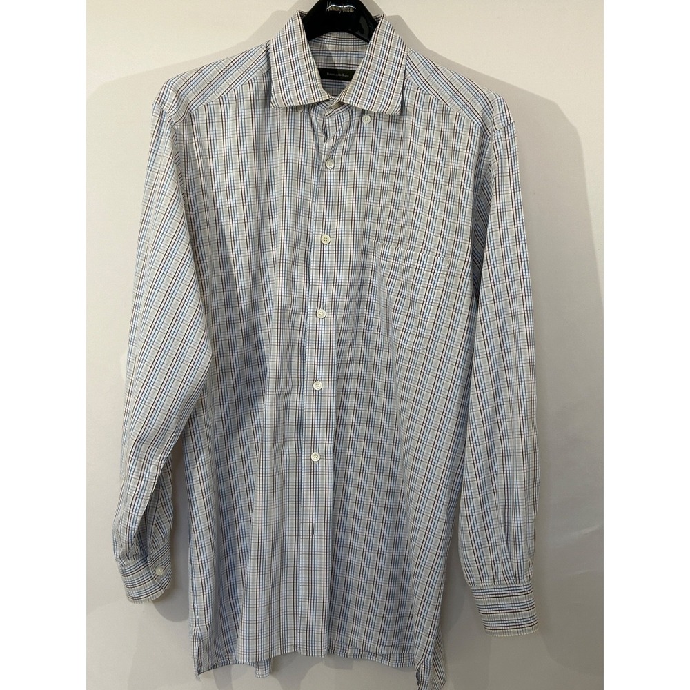 Ermenegildo Zegna Cotton Multi-color Plaid Shirt Hidden Button Split Hem Sz XL